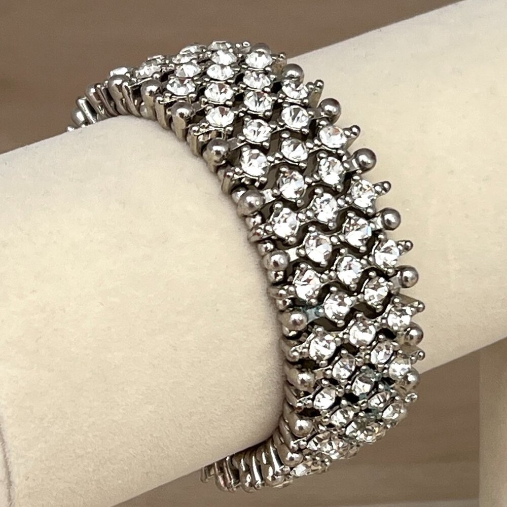 Vintage White Rhinestone Silver-tone Metal  1" Wide Stretch Bracelet / Showgirl - Picture 9 of 14